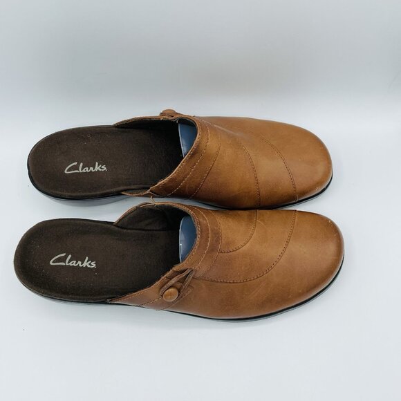 Clarks Shoes Womens Size 11 M Brown Leather Comfort Mules Clogs Slip On Heeled - Picture 3 of 11